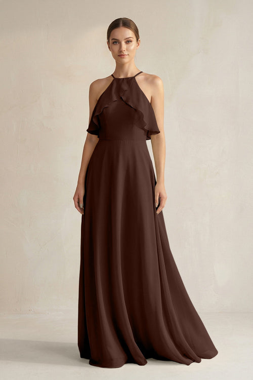 Halter Neck A - Line Chiffon Bridesmaid Dress with Keyhole in Espresso - SHE IS ME Bridesmaid Dresses