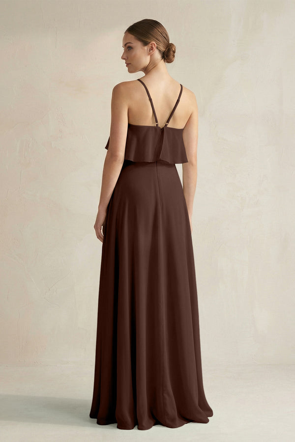 Halter Neck A - Line Chiffon Bridesmaid Dress with Keyhole in Espresso - SHE IS ME Bridesmaid Dresses