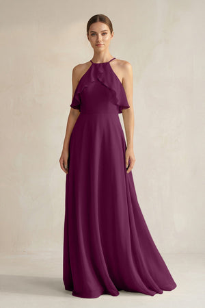 Halter Neck A - Line Chiffon Bridesmaid Dress with Keyhole in Fig - SHE IS ME Bridesmaid Dresses