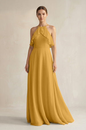 Halter Neck A - Line Chiffon Bridesmaid Dress with Keyhole in Marigold - SHE IS ME Bridesmaid Dresses