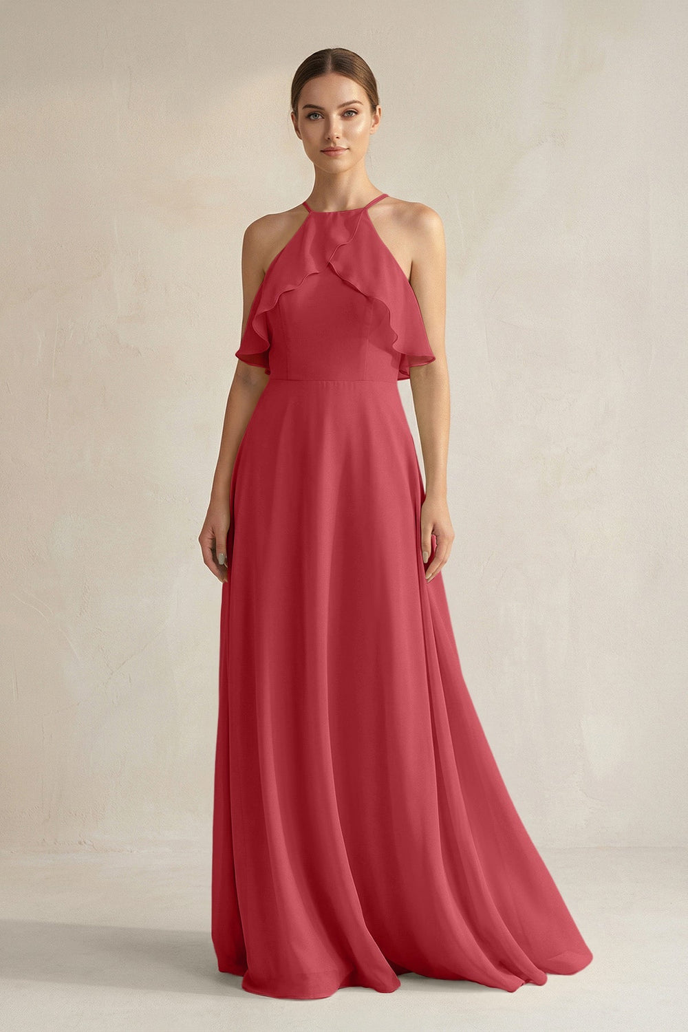 Halter Neck A - Line Chiffon Bridesmaid Dress with Keyhole in Merlot - SHE IS ME Bridesmaid Dresses