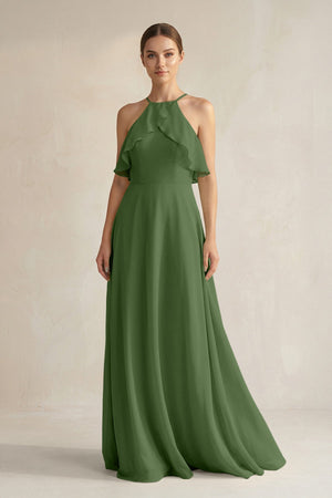 Halter Neck A - Line Chiffon Bridesmaid Dress with Keyhole in Moss - SHE IS ME Bridesmaid Dresses