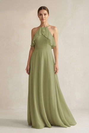 Halter Neck A - Line Chiffon Bridesmaid Dress with Keyhole in Moss Green - SHE IS ME Bridesmaid Dresses
