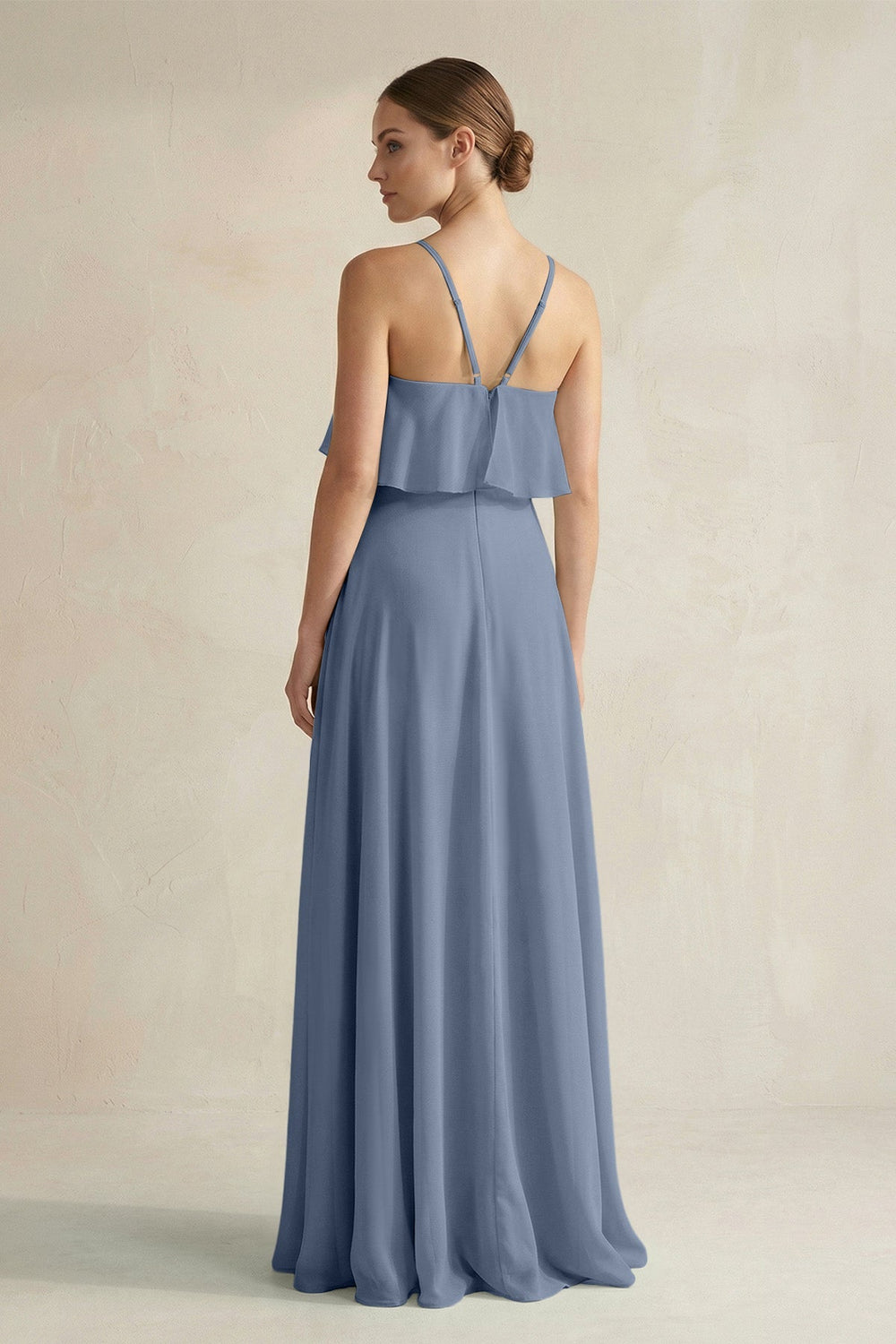 Halter Neck A - Line Chiffon Bridesmaid Dress with Keyhole in Neptune - SHE IS ME Bridesmaid Dresses