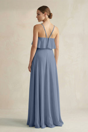 Halter Neck A - Line Chiffon Bridesmaid Dress with Keyhole in Neptune - SHE IS ME Bridesmaid Dresses