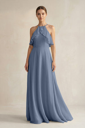 Halter Neck A - Line Chiffon Bridesmaid Dress with Keyhole in Neptune - SHE IS ME Bridesmaid Dresses