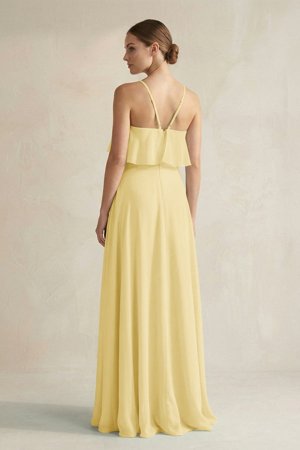 Halter Neck A - Line Chiffon Bridesmaid Dress with Keyhole in Pastel Yellow - SHE IS ME Bridesmaid Dresses