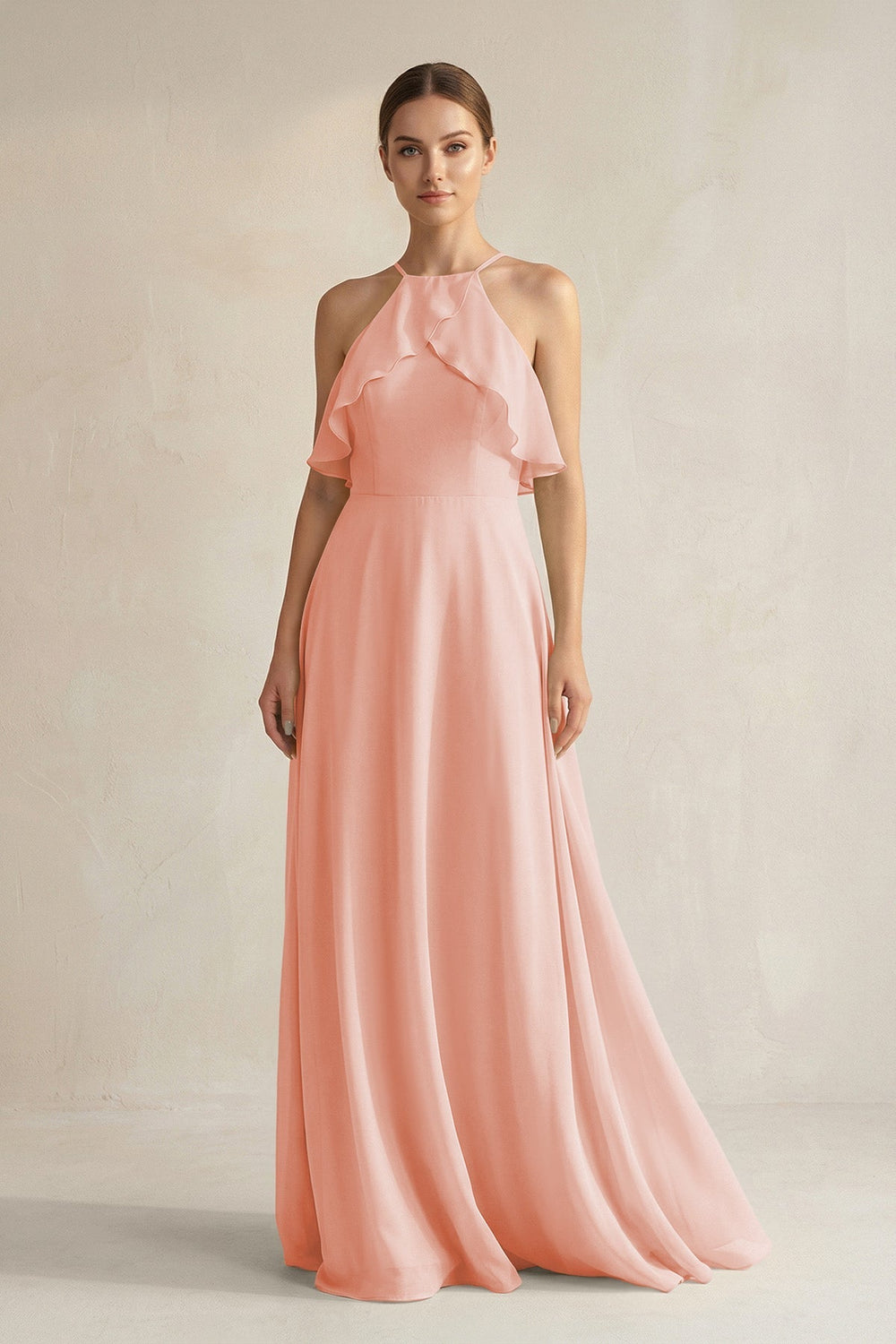 Halter Neck A - Line Chiffon Bridesmaid Dress with Keyhole in Rose Petal - SHE IS ME Bridesmaid Dresses