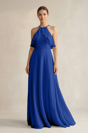 Halter Neck A - Line Chiffon Bridesmaid Dress with Keyhole in Royal Blue - SHE IS ME Bridesmaid Dresses