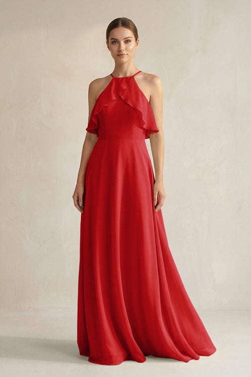 Halter Neck A - Line Chiffon Bridesmaid Dress with Keyhole in Ruby Red - SHE IS ME Bridesmaid Dresses