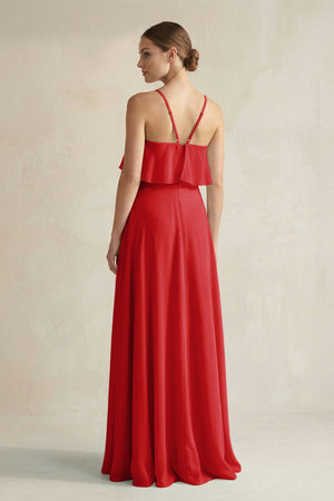 Halter Neck A - Line Chiffon Bridesmaid Dress with Keyhole in Ruby Red - SHE IS ME Bridesmaid Dresses