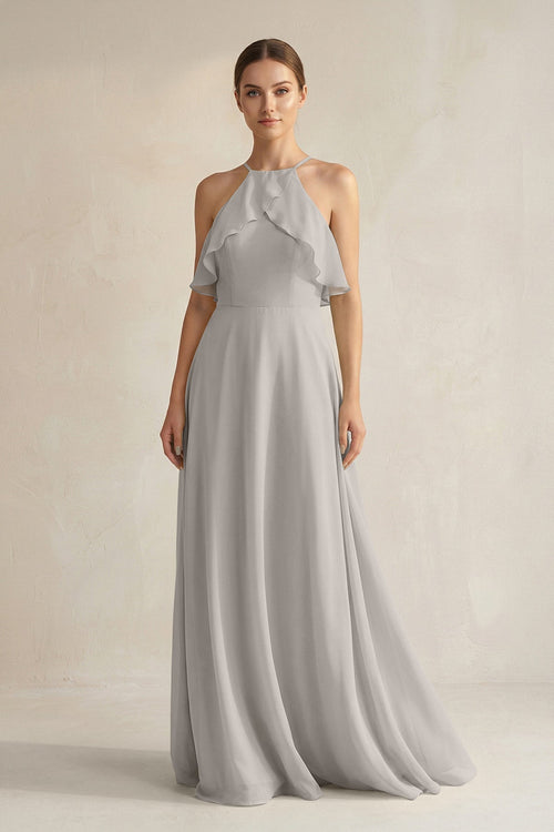 Halter Neck A - Line Chiffon Bridesmaid Dress with Keyhole in Silver - SHE IS ME Bridesmaid Dresses