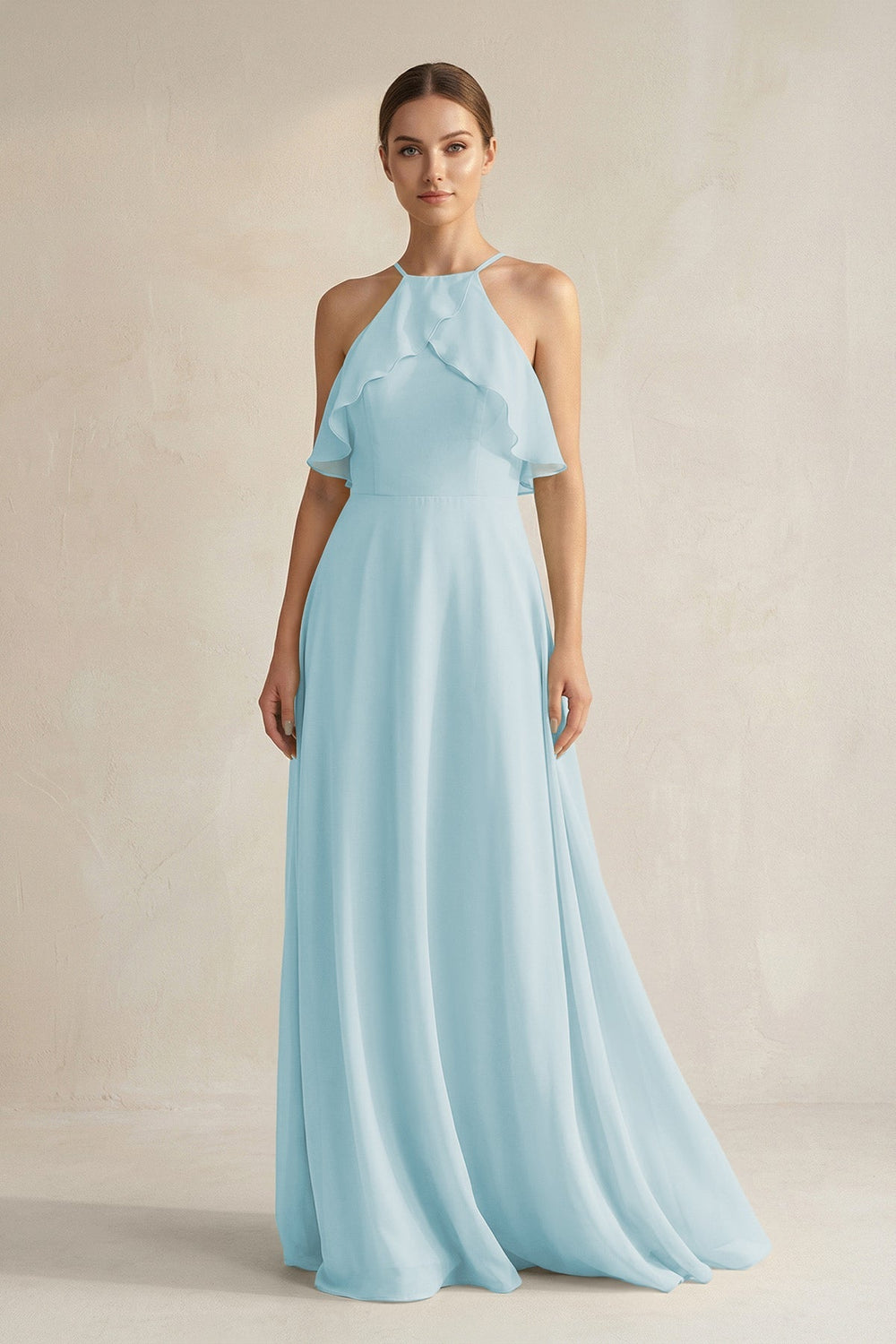 Halter Neck A - Line Chiffon Bridesmaid Dress with Keyhole in Sky Blue - SHE IS ME Bridesmaid Dresses