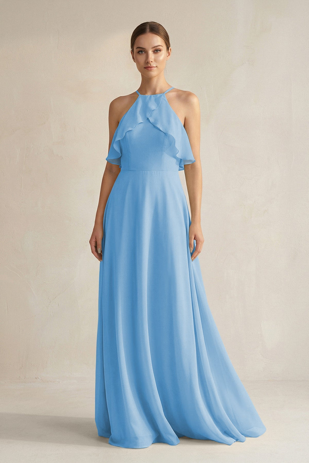 Halter Neck A - Line Chiffon Bridesmaid Dress with Keyhole in Steel Blue - SHE IS ME Bridesmaid Dresses
