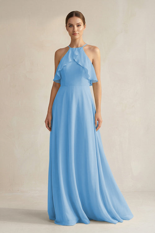 Halter Neck A - Line Chiffon Bridesmaid Dress with Keyhole in Steel Blue - SHE IS ME Bridesmaid Dresses