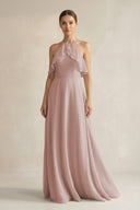 Halter Neck A - Line Chiffon Bridesmaid Dress with Keyhole in Toffee - SHE IS ME Bridesmaid Dresses