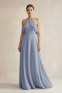 Halter Neck A - Line Chiffon Bridesmaid Dress with Keyhole in Twilight - SHE IS ME Bridesmaid Dresses