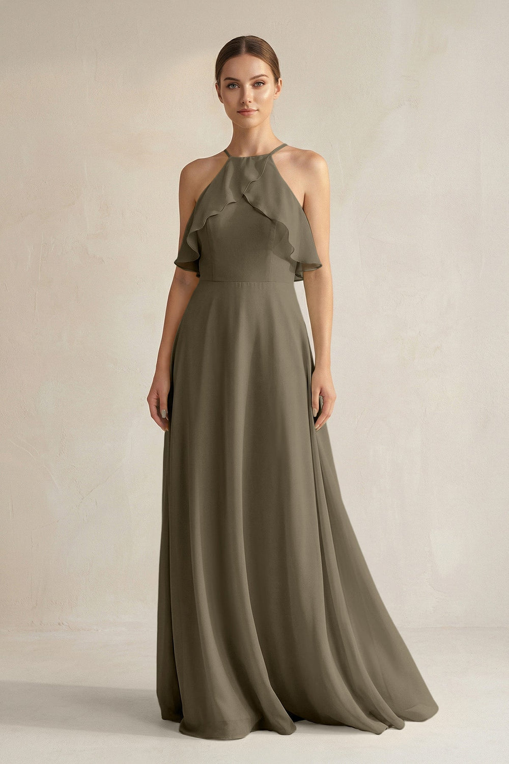 Halter Neck A - Line Chiffon Bridesmaid Dress with Keyhole in Willow Green - SHE IS ME Bridesmaid Dresses