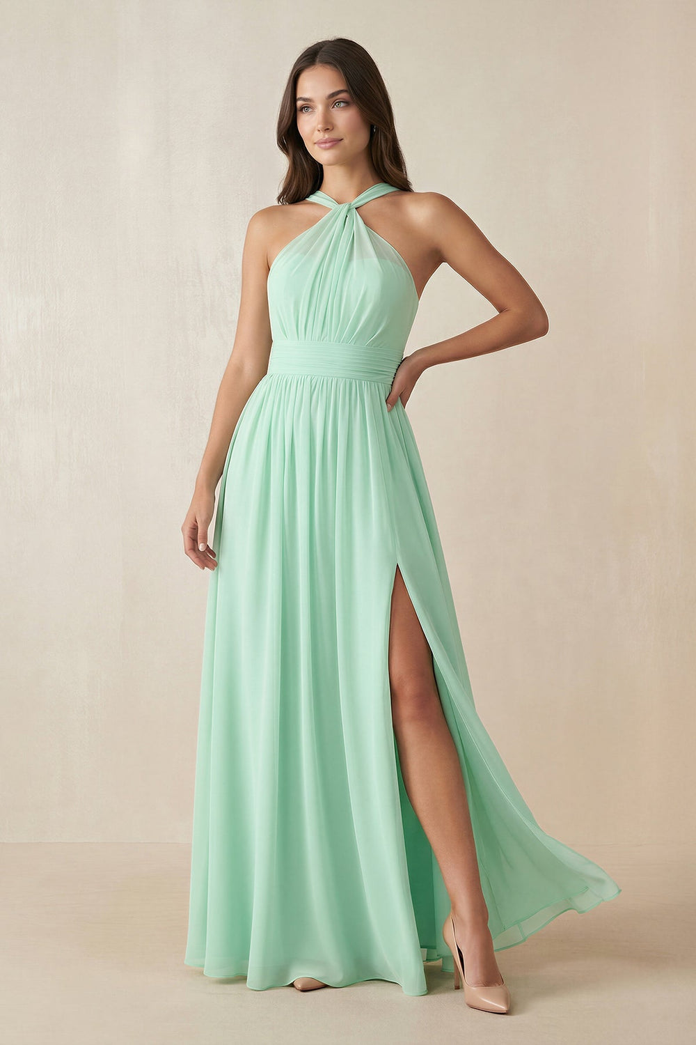 Halter Neck Ruched A-Line Chiffon Dress in Pale Pistachio - SHE IS ME BRIDESMAID DRESSES
