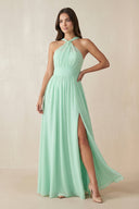 Halter Neck Ruched A-Line Chiffon Dress in Pale Pistachio - SHE IS ME BRIDESMAID DRESSES