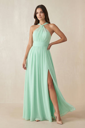 Halter Neck Ruched A-Line Chiffon Dress in Pale Pistachio - SHE IS ME BRIDESMAID DRESSES