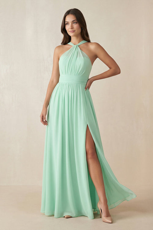 Halter Neck Ruched A-Line Chiffon Dress in Pale Pistachio - SHE IS ME BRIDESMAID DRESSES