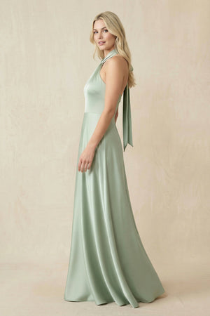 Halter Neck Satin A - Line Bridesmaid Gown with Bow - SHE IS ME Bridesmaid Dresses