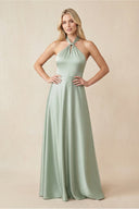 Halter Neck Satin A - Line Bridesmaid Gown with Bow - SHE IS ME Bridesmaid Dresses