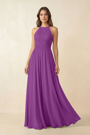 Halter Pleated A - Line Chiffon Bridesmaid Dress in Amethyst - SHE IS ME Bridesmaid Dresses