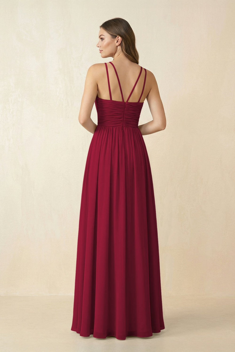 Halter Pleated A - Line Chiffon Bridesmaid Dress in Berry - SHE IS ME Bridesmaid Dresses