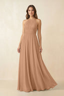 Halter Pleated A - Line Chiffon Bridesmaid Dress in Bronzer - SHE IS ME Bridesmaid Dresses