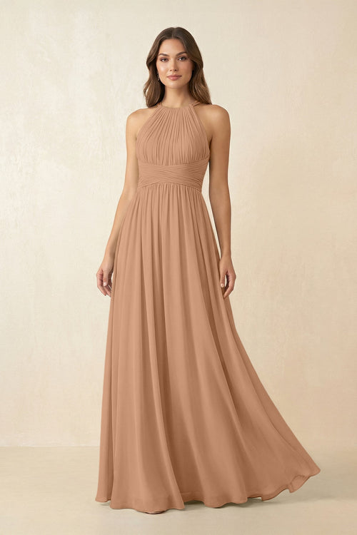 Halter Pleated A - Line Chiffon Bridesmaid Dress in Bronzer - SHE IS ME Bridesmaid Dresses