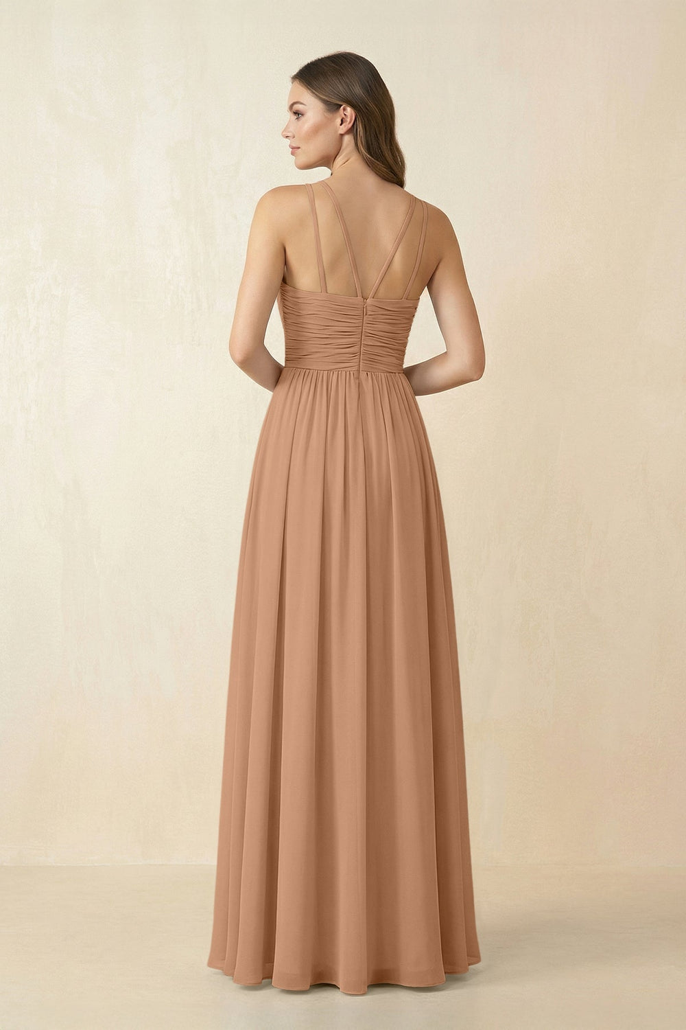 Halter Pleated A - Line Chiffon Bridesmaid Dress in Bronzer - SHE IS ME Bridesmaid Dresses