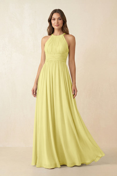 Halter Pleated A - Line Chiffon Bridesmaid Dress in Buttercup - SHE IS ME Bridesmaid Dresses