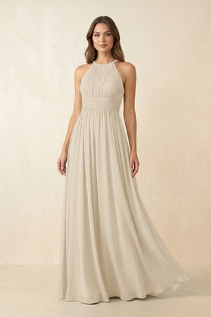 Halter Pleated A - Line Chiffon Bridesmaid Dress in Champagne - SHE IS ME Bridesmaid Dresses