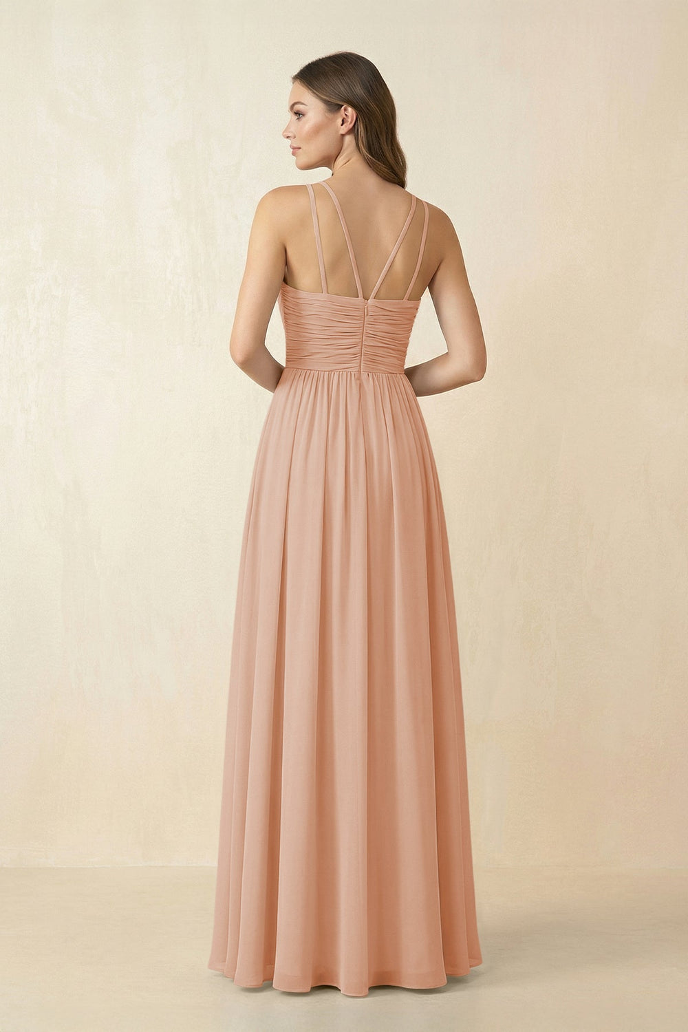 Halter Pleated A - Line Chiffon Bridesmaid Dress in Champagne Rose - SHE IS ME Bridesmaid Dresses