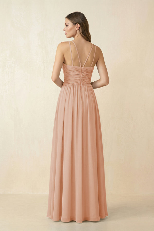 Halter Pleated A - Line Chiffon Bridesmaid Dress in Champagne Rose - SHE IS ME Bridesmaid Dresses