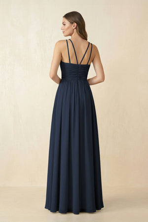 Halter Pleated A - Line Chiffon Bridesmaid Dress in Dark Navy - SHE IS ME Bridesmaid Dresses