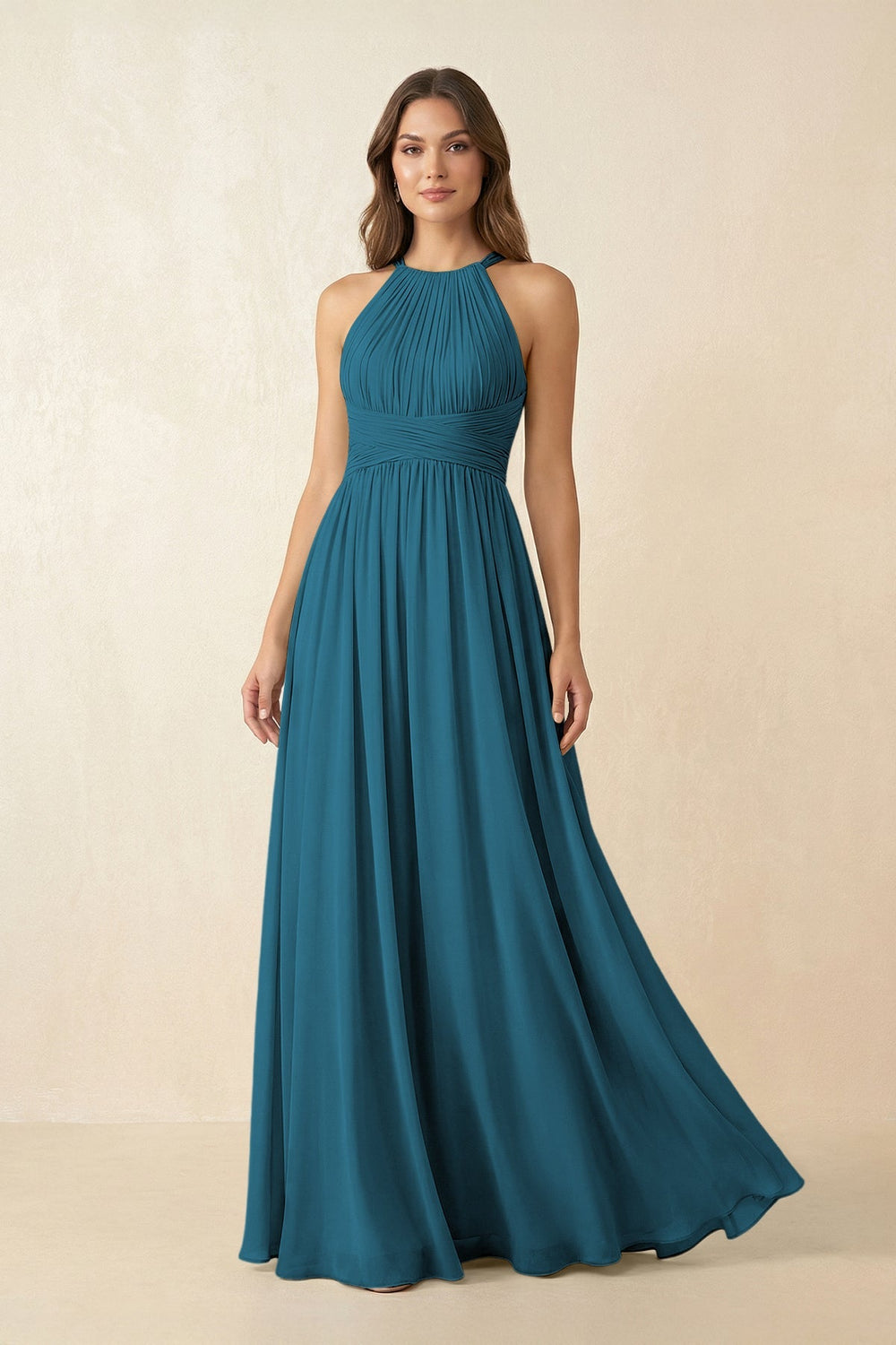 Halter Pleated A - Line Chiffon Bridesmaid Dress in Dark Teal - SHE IS ME Bridesmaid Dresses