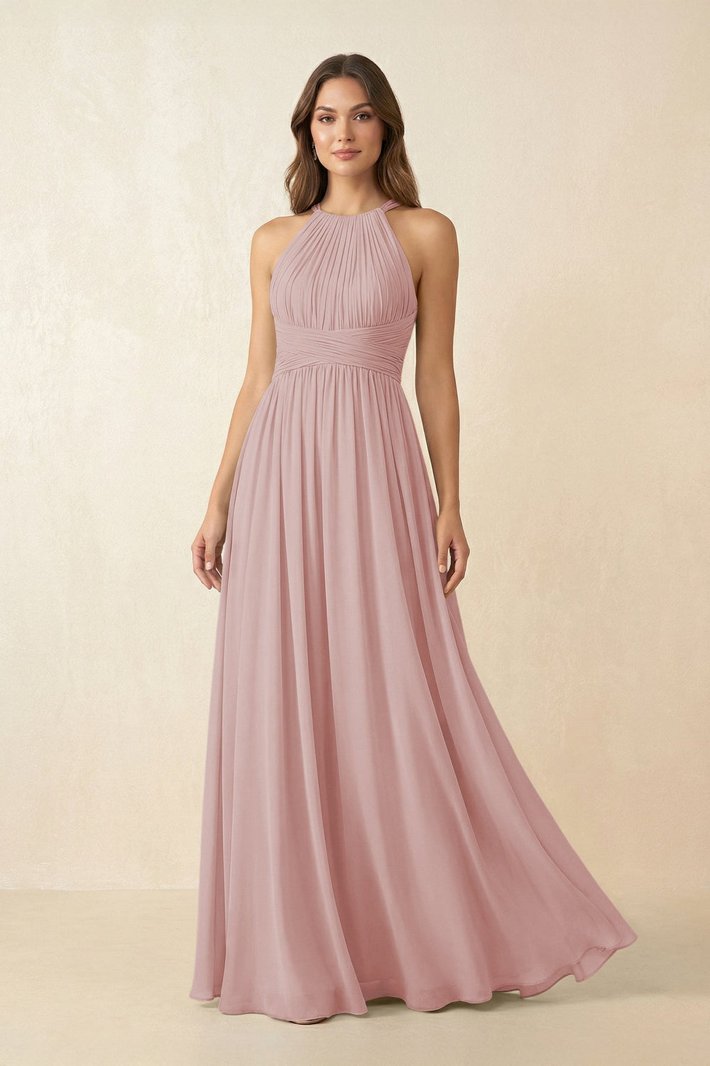 Halter Pleated A - Line Chiffon Bridesmaid Dress in Dusty Rose - SHE IS ME Bridesmaid Dresses