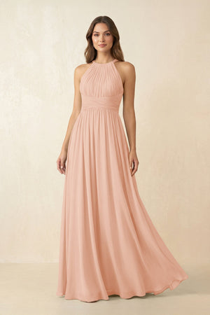 Halter Pleated A - Line Chiffon Bridesmaid Dress in English Rose - SHE IS ME Bridesmaid Dresses