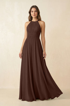 Halter Pleated A - Line Chiffon Bridesmaid Dress in Espresso - SHE IS ME Bridesmaid Dresses