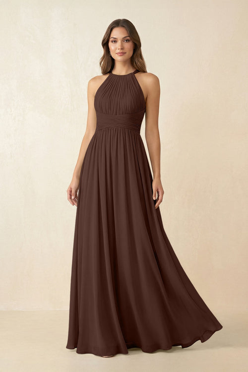Halter Pleated A - Line Chiffon Bridesmaid Dress in Espresso - SHE IS ME Bridesmaid Dresses