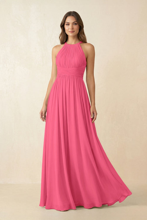 Halter Pleated A - Line Chiffon Bridesmaid Dress in Fuchsia - SHE IS ME Bridesmaid Dresses