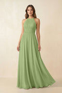 Halter Pleated A - Line Chiffon Bridesmaid Dress in Matcha - SHE IS ME Bridesmaid Dresses