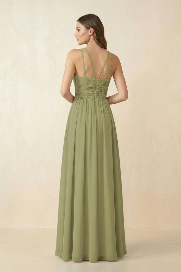 Halter Pleated A - Line Chiffon Bridesmaid Dress in Moss Green - SHE IS ME Bridesmaid Dresses