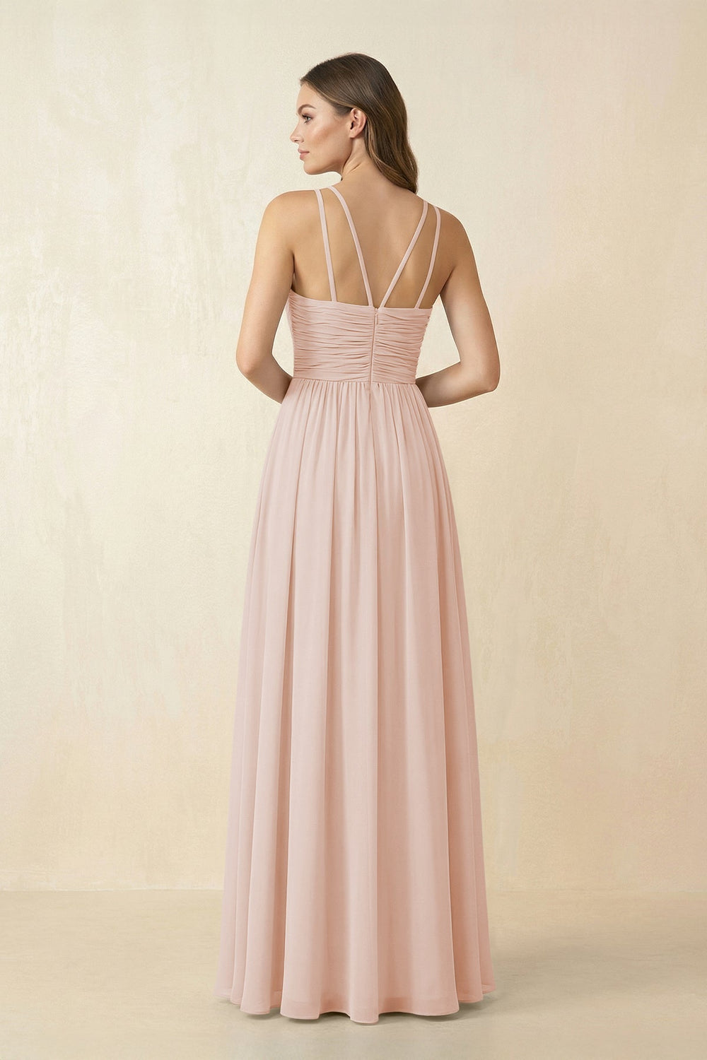Halter Pleated A - Line Chiffon Bridesmaid Dress in Pale Blush - SHE IS ME Bridesmaid Dresses