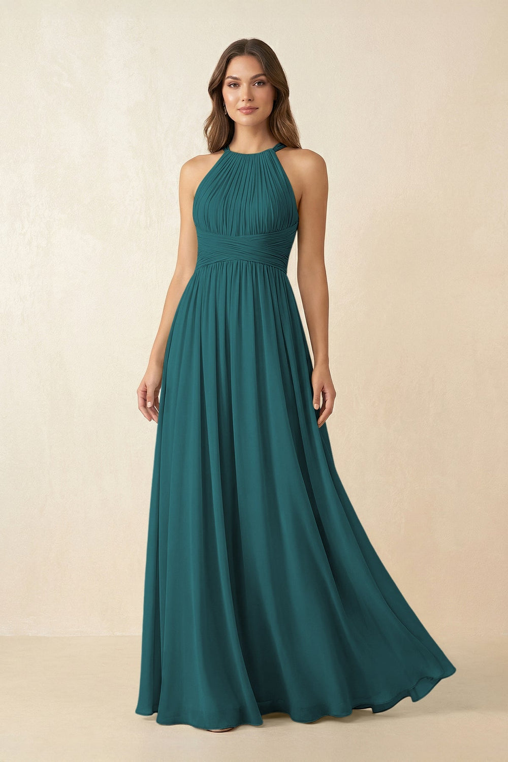 Halter Pleated A - Line Chiffon Bridesmaid Dress in Pine - SHE IS ME Bridesmaid Dresses
