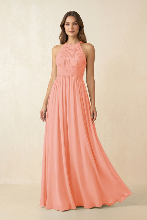 Halter Pleated A - Line Chiffon Bridesmaid Dress in Rosette - SHE IS ME Bridesmaid Dresses
