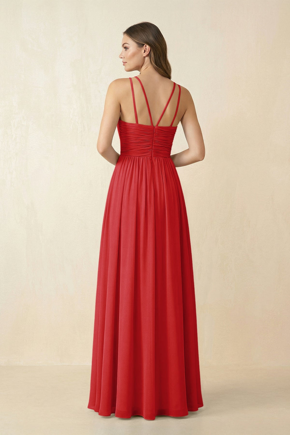 Halter Pleated A - Line Chiffon Bridesmaid Dress in Ruby Red - SHE IS ME Bridesmaid Dresses